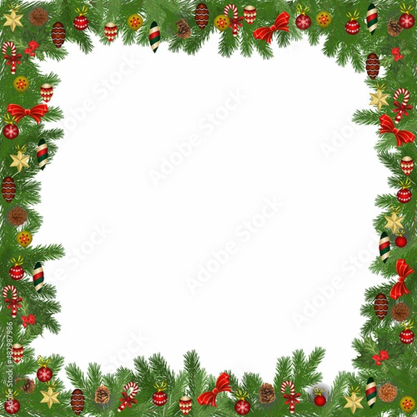 Fototapeta Square frame of green spruce branches decorated with Christmas toys. Vector illustration