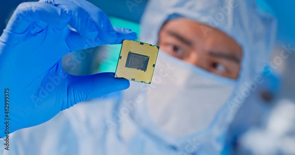 Fototapeta engineer holds microchip