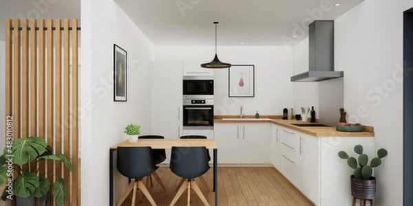 Fototapeta Vue 3d cuisine blanche, table bois et chaise noire