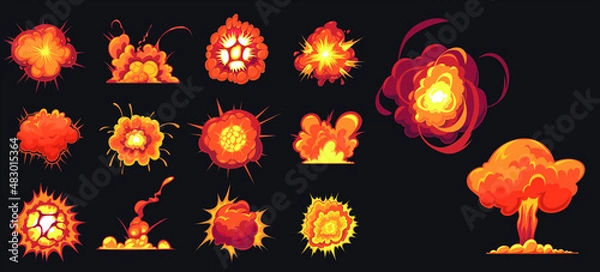 Obraz Vector cartoon  illustratons of fire explosions isolated on dark background