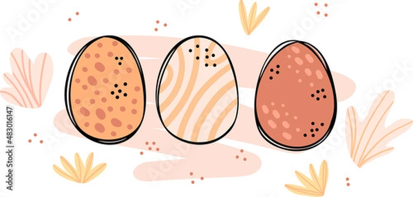 Fototapeta Illustration of a painted egg surrounded by plant elements. Simple cute style for kids. Wall sticker, card, invitation, party decoration.