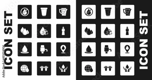 Fototapeta Set Water jug with a filter, Recycle clean aqua, drop, forbidden, Bottle of water, cartridge, location and icon. Vector