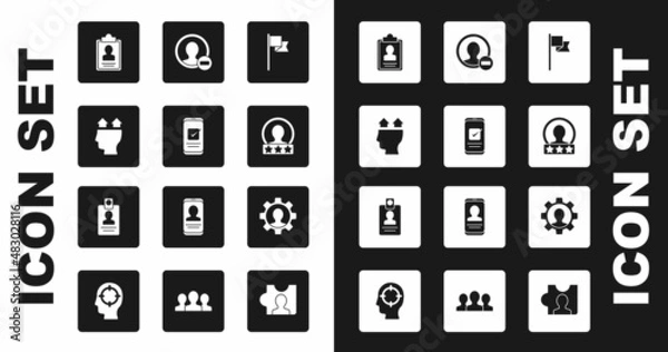 Fototapeta Set Location marker, Smartphone, User of man, Clipboard with resume, Create account screen, Human gear and Identification badge icon. Vector