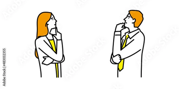 Obraz あごに手をあてて考え事をする男性と女性