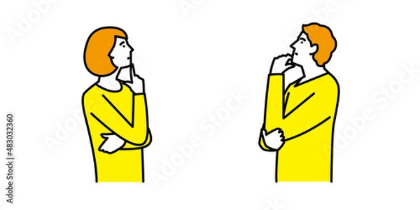 Fototapeta あごに手をあてて考え事をする男性と女性