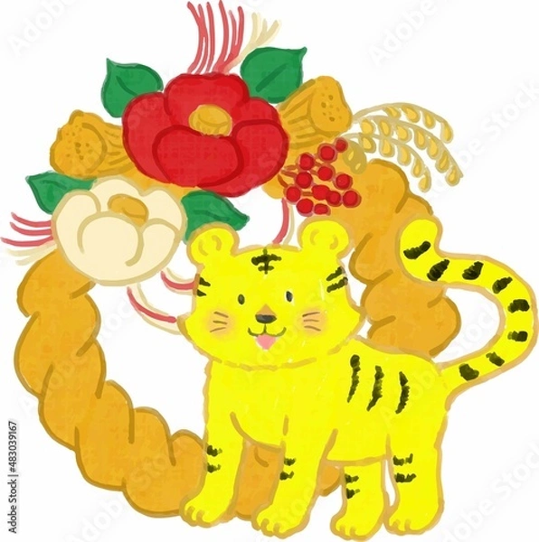 Fototapeta アクリル画風のお正月リースとトラ