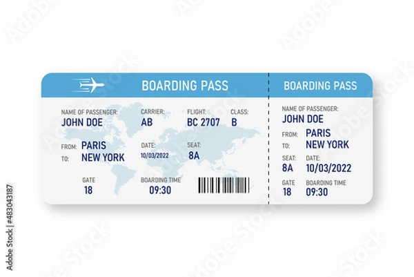 Fototapeta Airline boarding pass. Flight ticket template. Boarding pass with shadow on white background