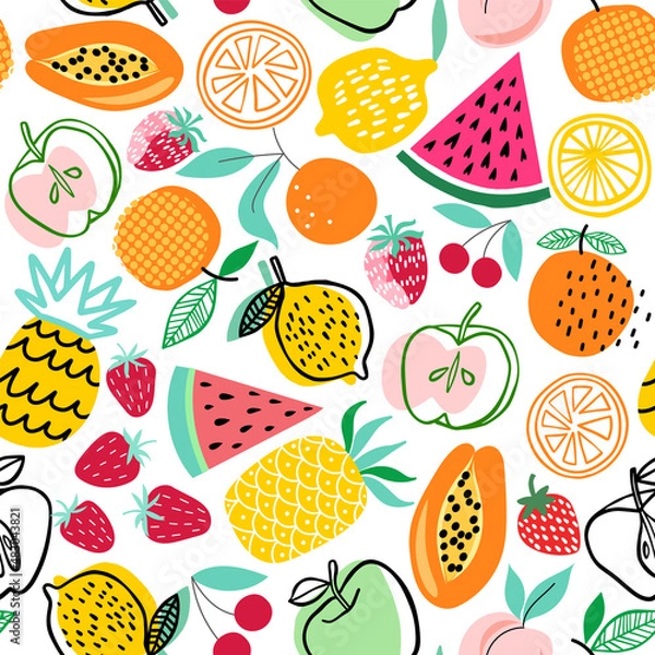 Obraz Fruit colorful hand drawn seamless pattern. Summer background