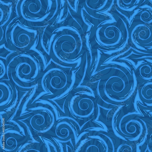 Obraz Stock blue seamless vector pattern of spirals and corners.Blue seamless geometric vector pattern of spirals of smooth and broken stripes on a blue background.Simple texture in nautical colors.