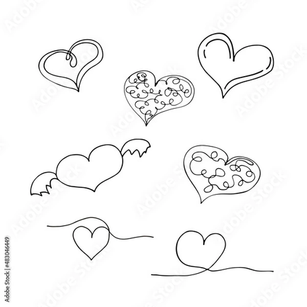 Fototapeta Doodle set of hearts. Vector hearts. Vector illustration. Black outline on a white background.