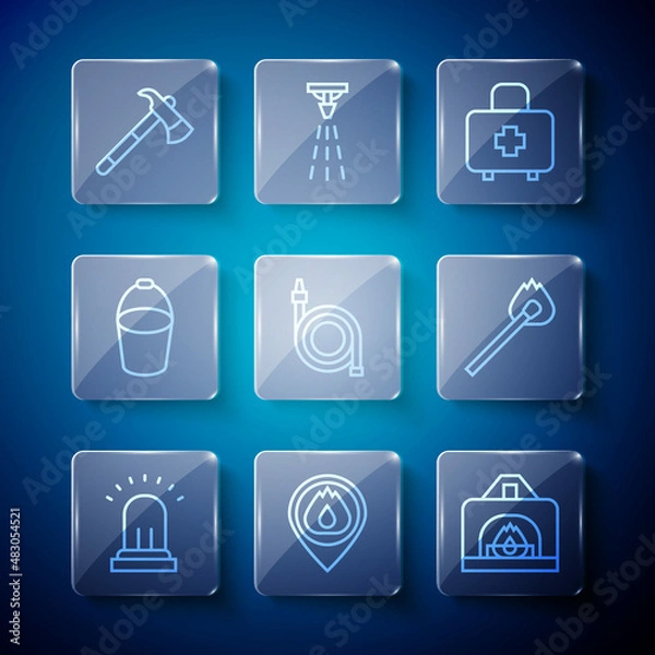 Obraz Set line Ringing alarm bell, Location with fire flame, Interior fireplace, First aid kit, Fire hose reel, bucket, Firefighter axe and Burning match icon. Vector