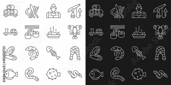 Fototapeta Set line Eel fish, Fish steak, Lobster, Fisherman, Sushi, on cutting board, and Served plate icon. Vector