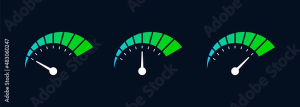 Fototapeta Gauge meter icon set. Low, moderate, high measuring scale. Modern car dashboard. Blue green neon speedometer. Colorful level indicator. Empty or full fuel tank. Vector illustration, flat, clip art. 
