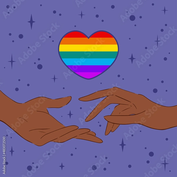 Fototapeta Vector banner with crop hands and heart shaped rainbow flag. Vector illustration of hands reaching out to each other under heart with LGBT rainbow flag against purple background. Vector illustration