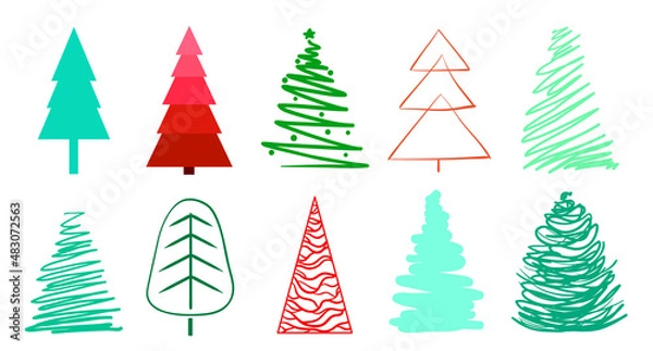 Fototapeta Christmas trees on white. Set for icons on isolated background. Geometric art. Universal coloful collection for trendy design. Abstract objects for flyers, posters, t-shirts and textiles