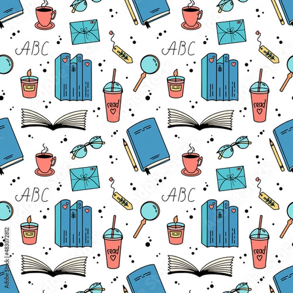 Fototapeta Pattern of various reading items. Vector illustration of seamless background of assorted objects showing concept of reading on white background
