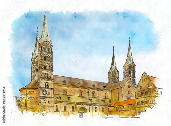Obraz Bamberg Cathedral (Bamberger Dom). The Cathedral Church of St Peter and St George, watercolor sketch illustration.