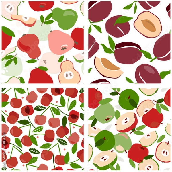Obraz A set of seamless patterns with fruits and berries. Contemporary print with abstract apples, pears, cherries and plums, whole and slices. Vector graphics.