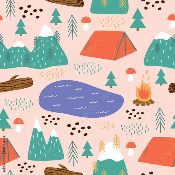 Fototapeta Vector seamless pattern of abstract forest with pine trees, tent, campfire, river and mountains. Cute doodle camping background