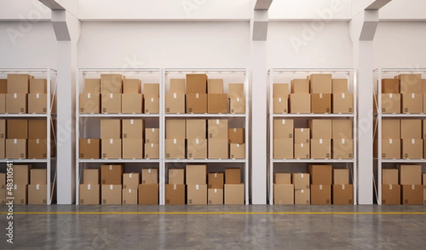 Fototapeta 3d rendered warehouse with many stacked boxes on pallets
