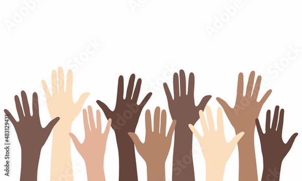 Fototapeta Raised up hands of people with different skin colors.  Vector illustration