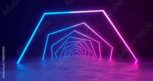 Fototapeta 3d rendering. A marble corridor with columns receding into the distance with neon lights flanked by blue and pink light.