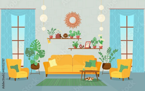Fototapeta Set of vector furniture. Living room interior. A large room with panoramic windows, a yellow sofa and armchairs, houseplants, a table and a dog. 