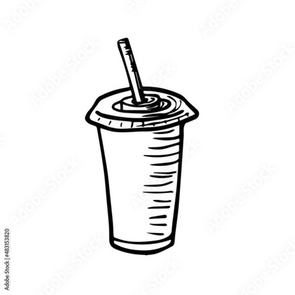 Fototapeta Take away drink sketch icon. Soda cup with a tube