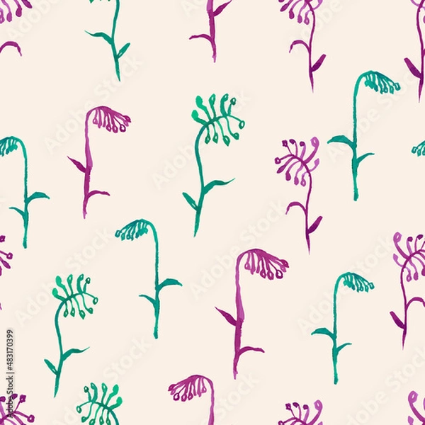 Obraz Seamless pattern of watercolor drawings green and pink wild plants
