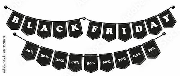 Obraz Black friday bunting banner on rope with text and discount. Black and white. Vector illustration, flat style