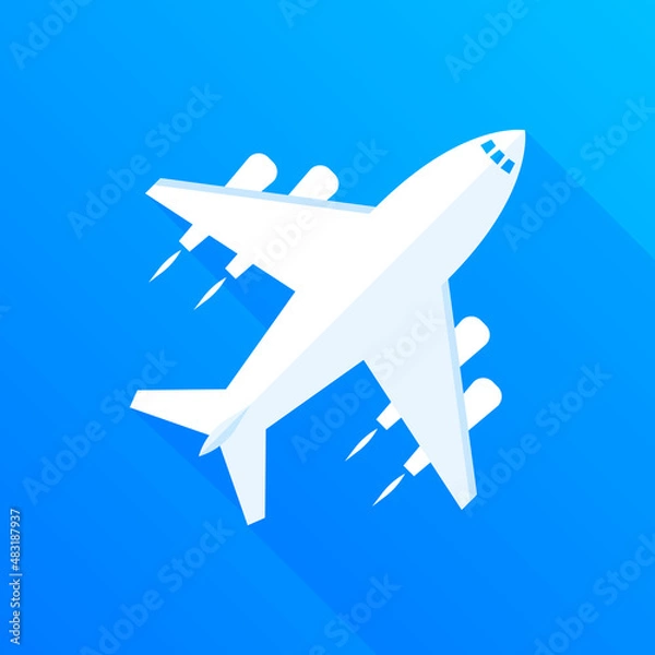 Fototapeta Flat airplane with long shadow on blue gradient background, vector illustration