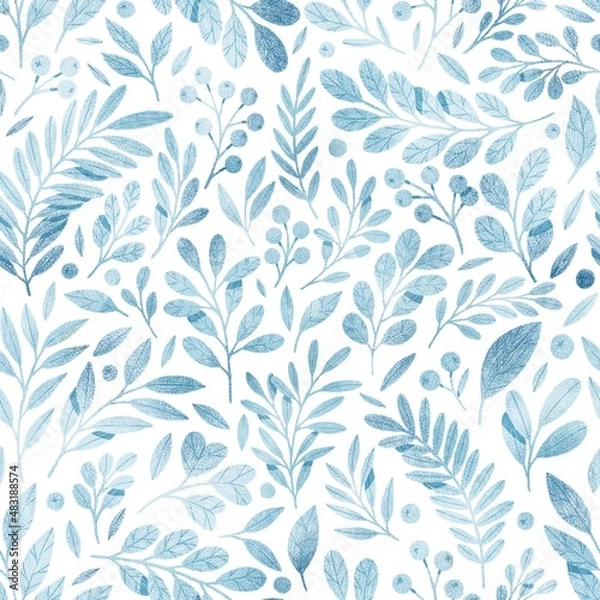 Fototapeta Tiny blue leaves seamless pattern isolated on white background. Botanical illustration. Fresh and bright colors. Cute leaves wallpaper or textile design. 