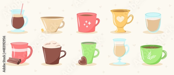 Fototapeta Set of drinks. Collection of different mugs with coffee and tea. Morning drinks for vivacity and energy. Stickers for social networks. Cartoon flat vector illustrations isolated on white background
