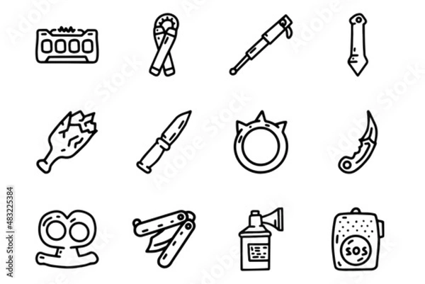 Fototapeta Self defense line vector doodle simple icon set