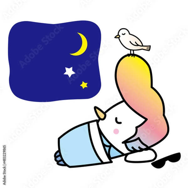 Obraz 月の夜につっぱりアマビエ君、サングラスをはずして、すやすやと眠る。
ポンパドールの髪の上では、鳥も寝ている。
コロナで流行った日本の妖怪「アマビエ」。
あまりにもコロナが長引くので、グレちゃったアマビエ君です。
ベクターイラスト。