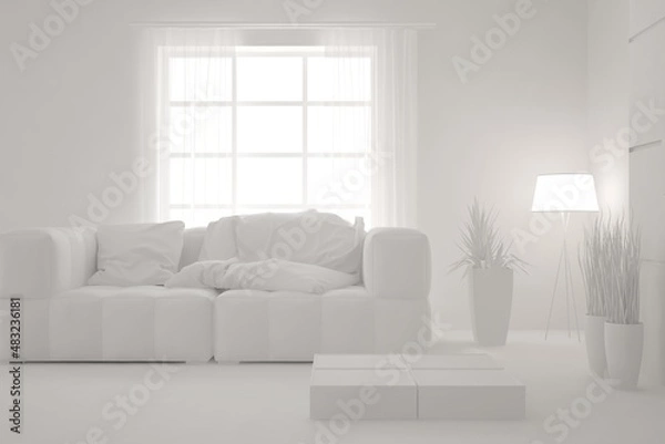 Fototapeta Mock up of minimalist living room in white color with sofa. Scandinavian interior design. 3D illustration