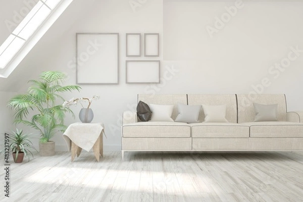 Fototapeta White living room with sofa. Scandinavian interior design. 3D illustration