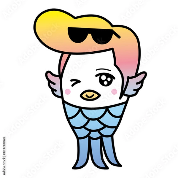 Obraz つっぱりアマビエ君がウインクしている。
コロナで流行った日本の妖怪「アマビエ」。
あまりにもコロナが長引くので、グレてポンパドールの髪型にしちゃったアマビエ君、サングラスを頭につけています。
ベクターイラスト。