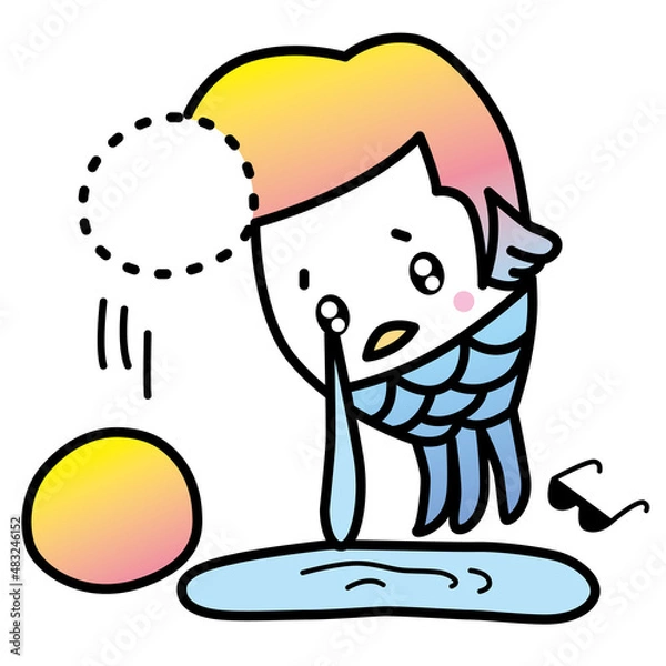 Obraz アマビエ君は、あまりにもコロナが長引くので、グレてポンパドールの髪型にするが、
その自慢の髪の毛が地面に落ち、涙で水たまりができちゃった。
サングラスも地面に。
コロナで流行った日本の妖怪「アマビエ」のベクターイラスト。