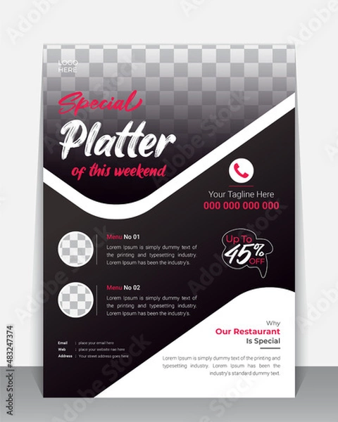 Fototapeta Restaurant food flyer, Brochure, Leaflet design template, A4 modern Vector Flyer and Mock up Template layout of poster, flyer, brochure and banner report