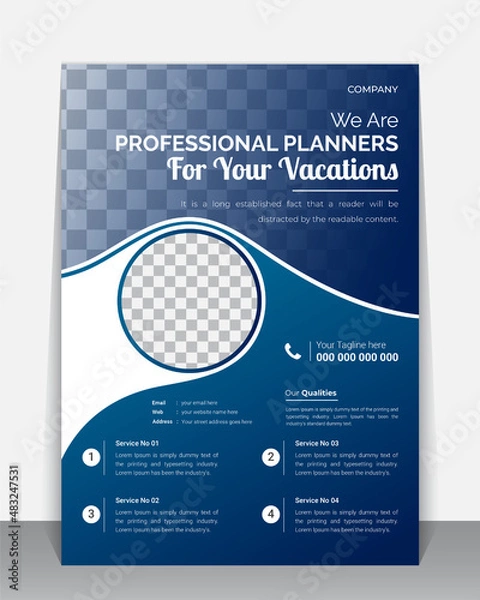 Fototapeta Professional Travel flyer, Brochure, Leaflet design template, A4 modern Vector Flyer and Mock up Template layout of poster, flyer, brochure and banner report