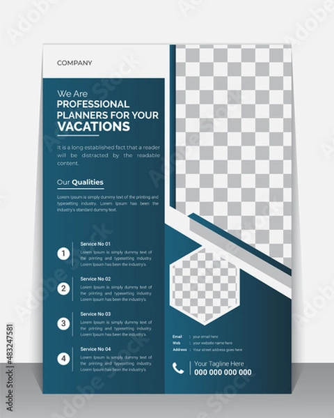 Fototapeta Professional Travel flyer, Brochure, Leaflet design template, A4 modern Vector Flyer and Mock up Template layout of poster, flyer, brochure and banner report