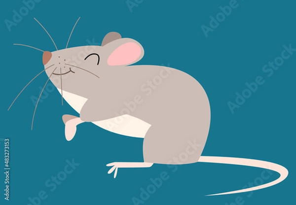 Fototapeta Vector illustration of a cute gray mouse in a flat style, isolated on a green background.