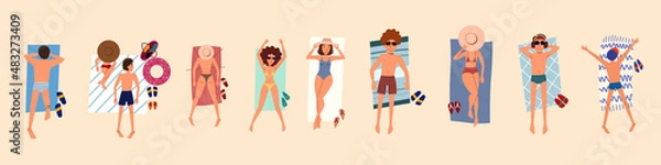 Fototapeta People on the beach or on the seashore relax and sunbathe. Vector isolated illustration in a flat style