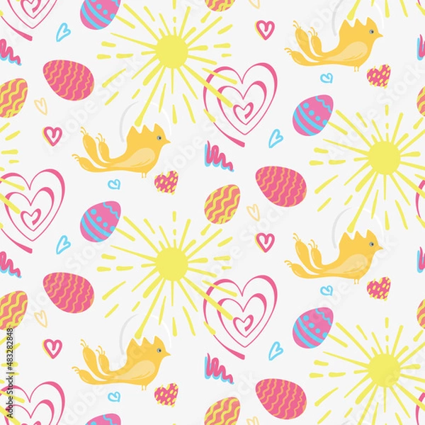 Fototapeta Seamless pattern with flowers and easter elements