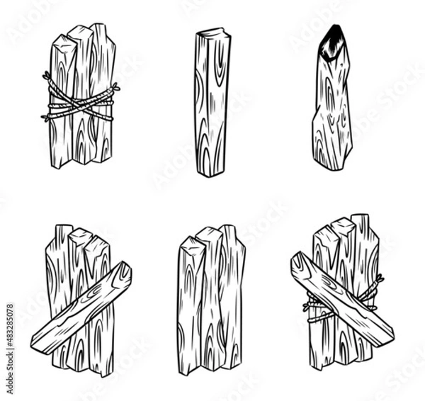 Obraz Set of Palo Santo. Holy wood tree aroma sticks from Latin America. Smudge burning incense bundle stock vector image collection
