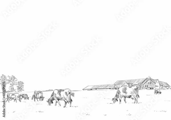 Obraz Ilustracja wektorowa szkicu gospodarstwa. Randek krajobrazu wiejskiego.