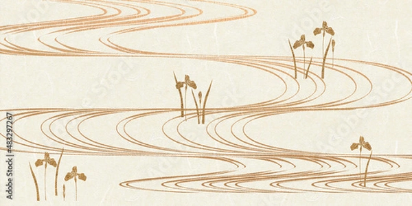 Obraz  金色　あやめ　流水紋様　和紙テクスチャの和風背景素材