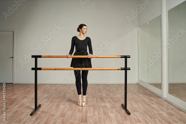Fototapeta the ballerina stands on her toes in pointe shoes in front of the mirror and holds her hands on the ballet loom.