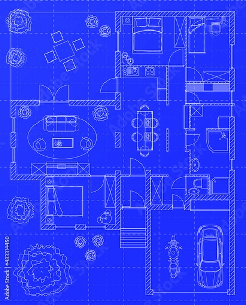 Fototapeta White floor plan sketch of a house on millimeter paper.